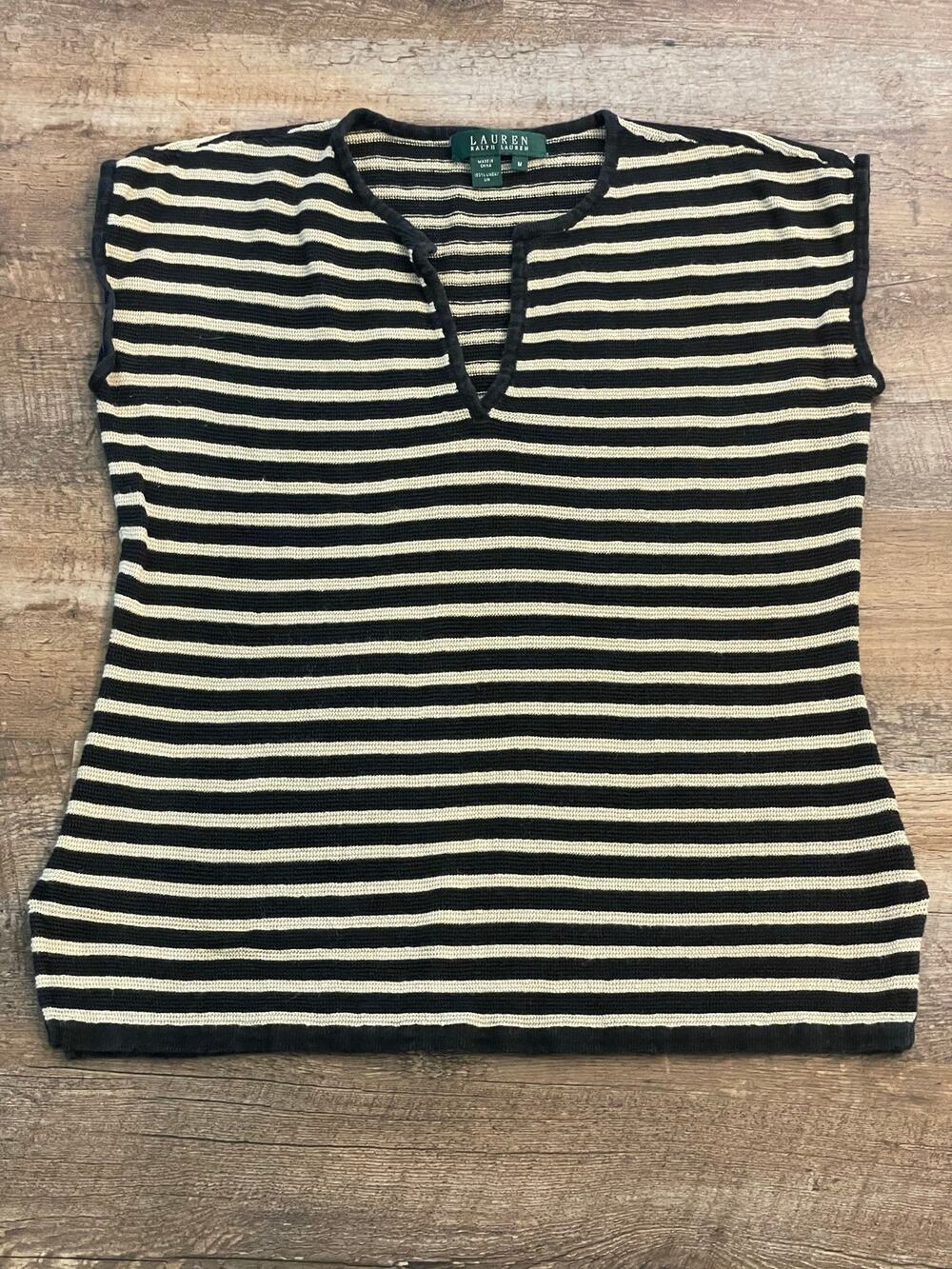 Ralph Lauren  black and tan striped knit sleeveless top 100% Linen Med.